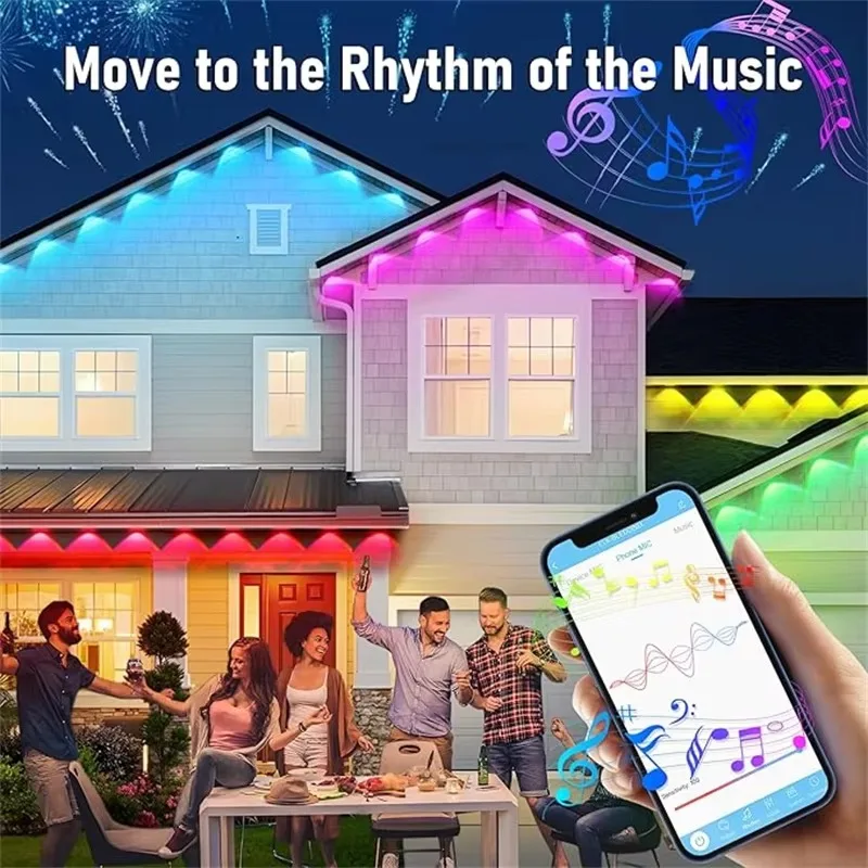 RGB Smart LED Eaves String Lights, IP67 Waterproof Outdoor Lamps with App Remote Control for Christmas Holiday Home Yard Decor
