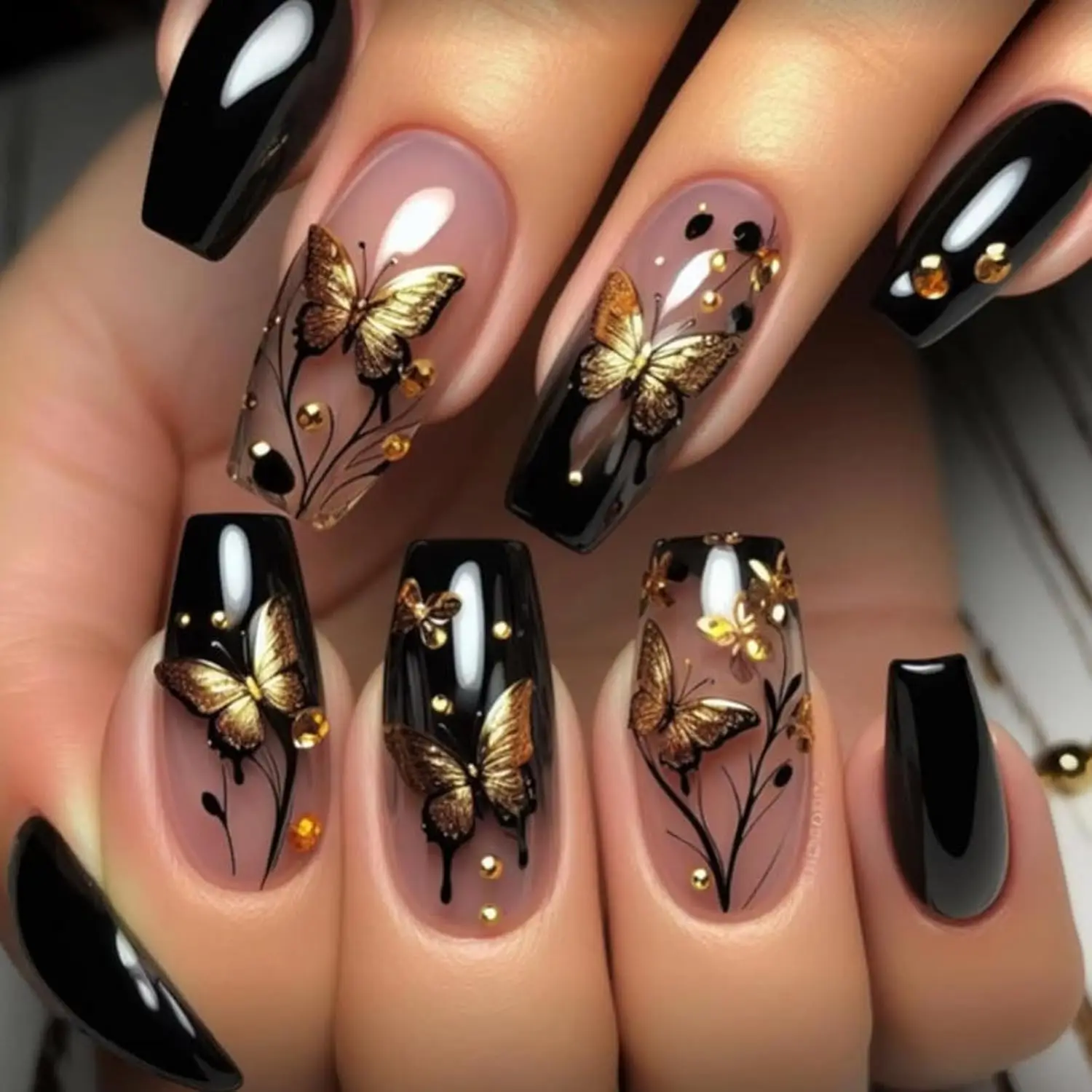 24Pcs Gothic Press on Nails Medium Coffin Glitter Butterfly Fake Nails Dark Gradient Acrylic False Nails Reusable Stick on Nails