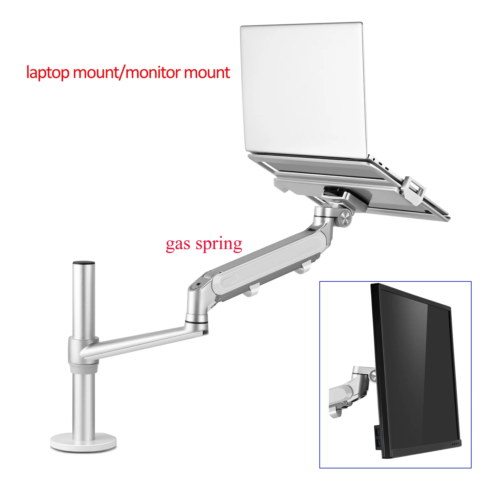 OL-1S PRO Dual Use Alunimum 12-17 inch Laptop Holder Gas Spring Arm +VESA 10-32  Monitor Mount Head 75/100 mm Load 8kgs
