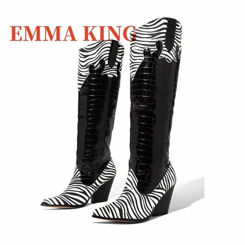 Crocodile Pattern Knee High Boots Pointed Toe Zebra Print Cowboy Boots Western Chunky Heels Stripe Cowgirl Boots For Women