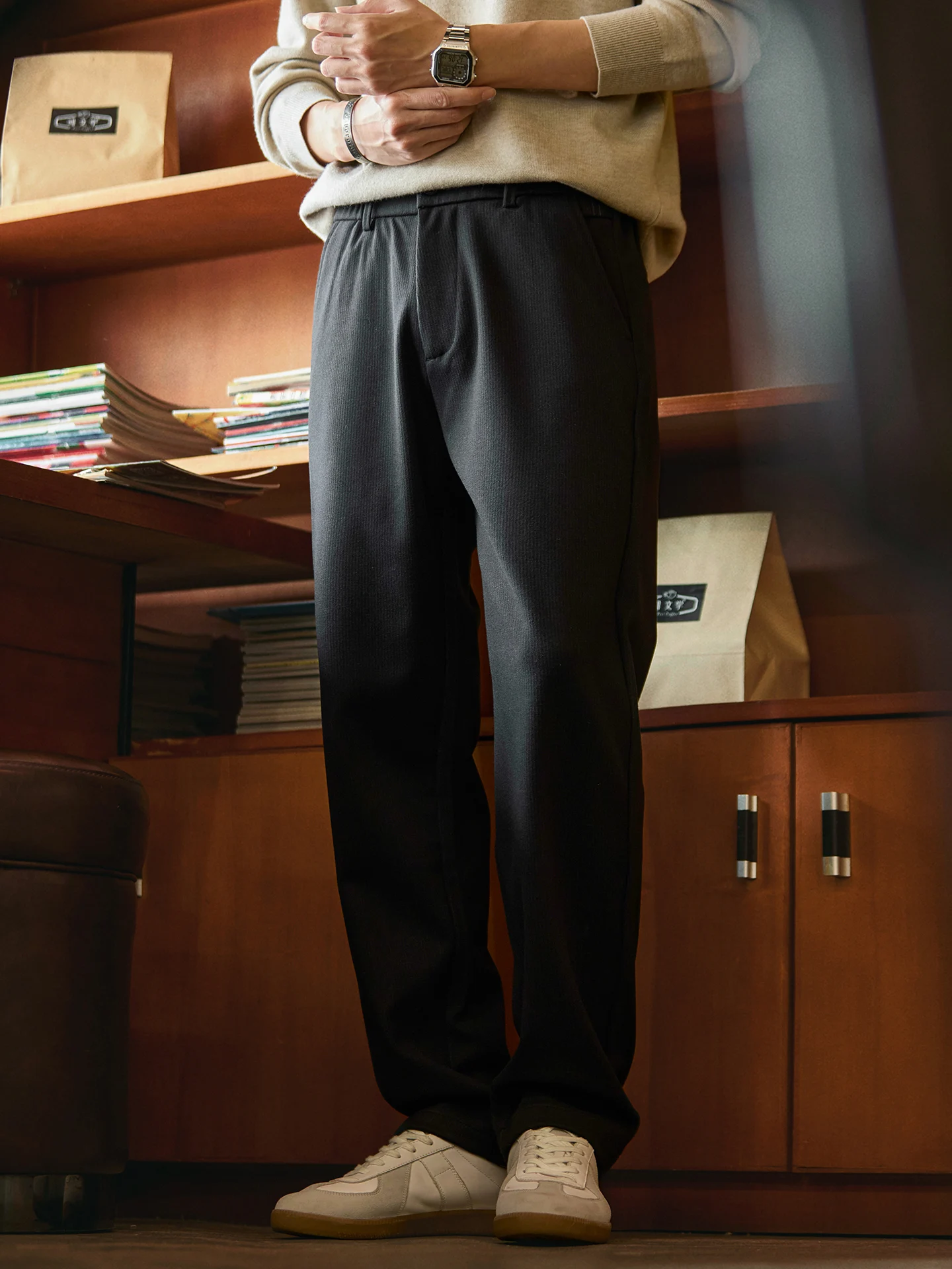 Black Casual Pants Men's Commute Straight Leg Elastic Starry Wool Spring Autumn New Style Versatile Long Trousers