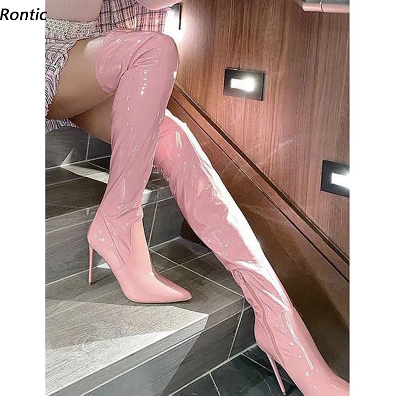 Rontic Women Winter Long Boots Patent Leather Zipper Ultra High Heels Pointed Toe Beautiful Light Pink Shoes Ladies US Size 5-15