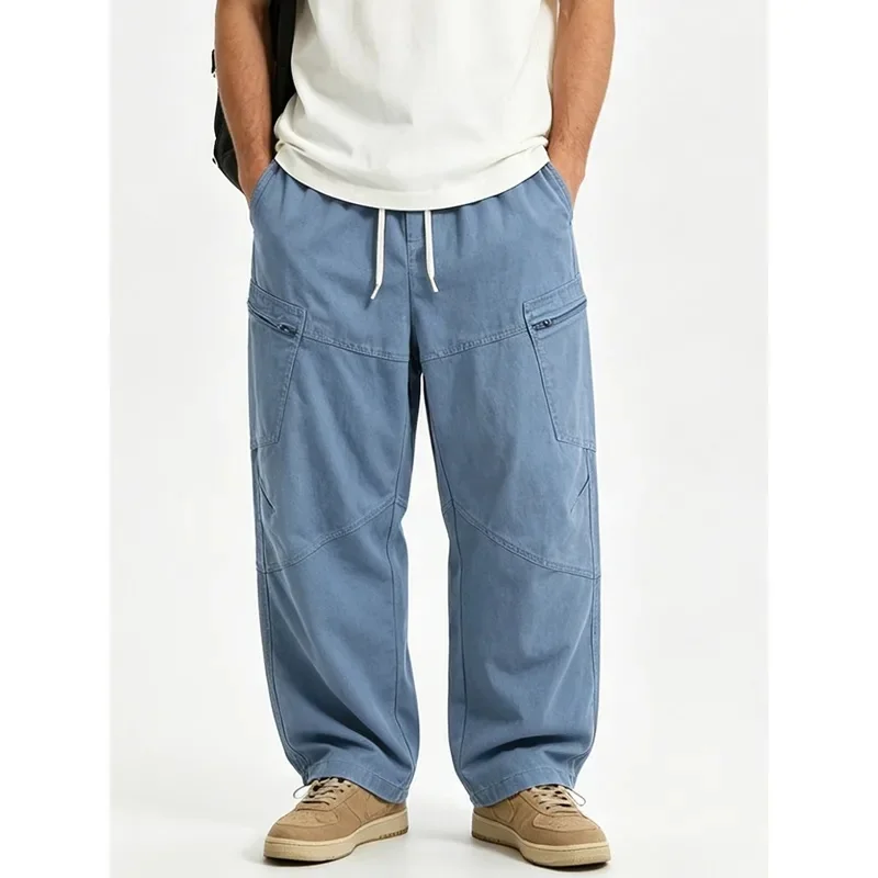 Men Japanese Streetwear Fashion Vintage Washed Cotton Loose Casual Wide Leg Cargo Pants Jogger Baggy Cityboy Trousers