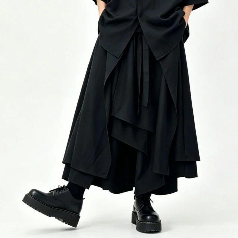 Men'S Casual Pants, Japanese Dark Style Men'S Clothing, Irregular Skirt-Pants, Loose Wide-Leg Pants, Trendy 12024