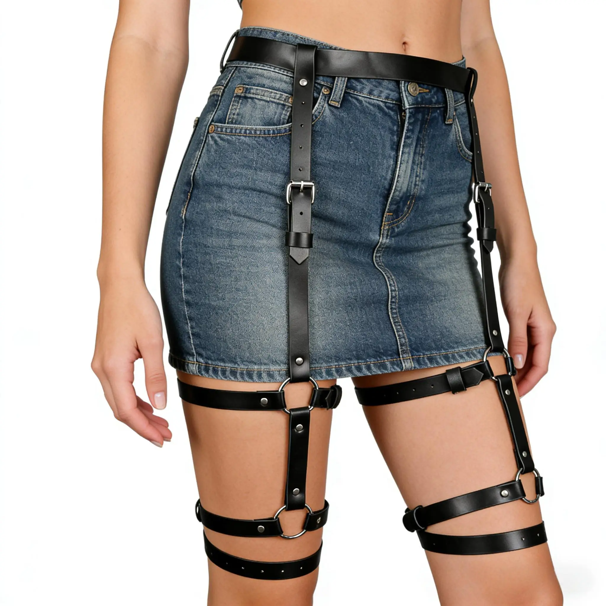 Women's Adjustable PU Leather Body O-Rings Harness Stud Punk Gothic Garter Belt Black