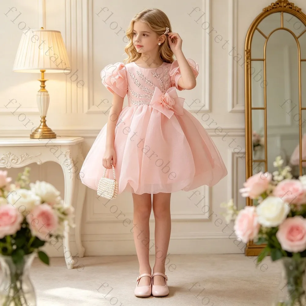 Customized Flower Girl Dress with Tulle Ball Gown Skirt O Neck Puff Sleeves Beaded Bodice Large Bow Waist Wedding Birthday Gown