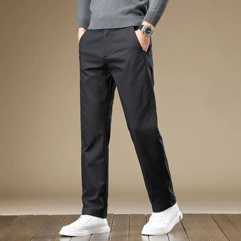 Men Mid Waist Straight Casual Pants Soft Fabric Loose Fit Long Trousers