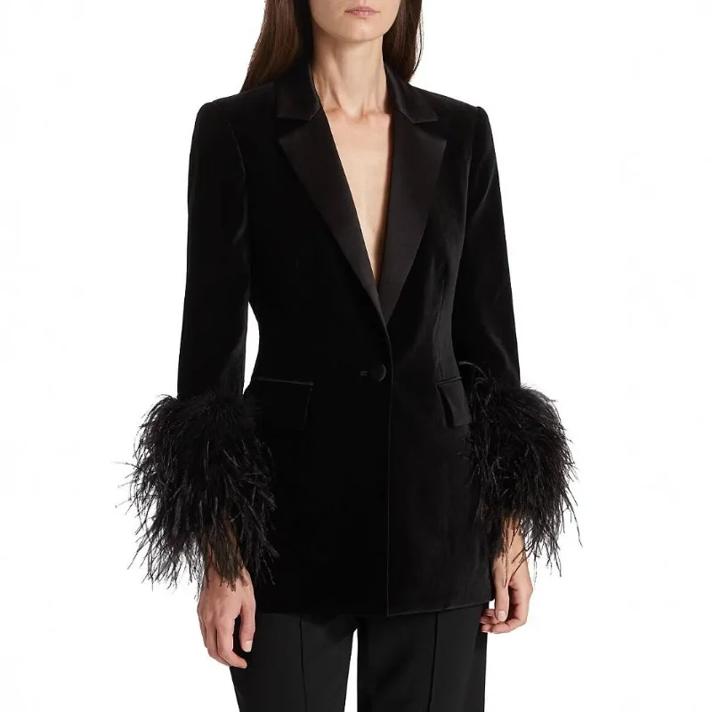 Spring Autumn Ladies Velvet Suit Jacket Black Single Breasted Satin Lapel Removable Feather Cuff Slim Fit Business Party Outerwe