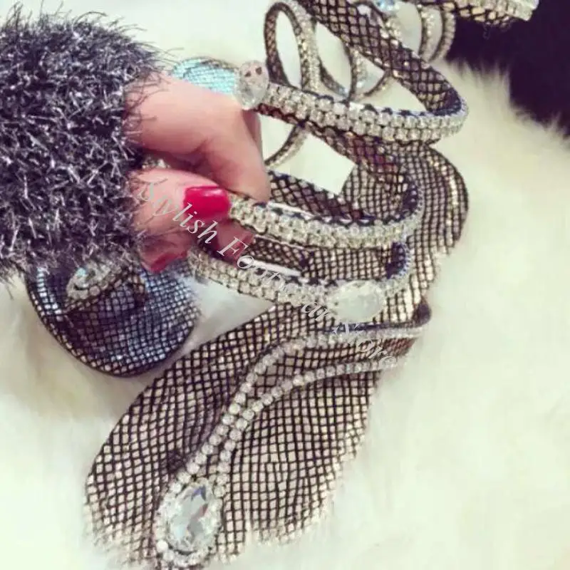 Bling Big Crystal Clip Toe Strappy Leg Twine Coiled Flats Sandals Boots Crazing Silver Black Leather Rhinestone Summer Botas