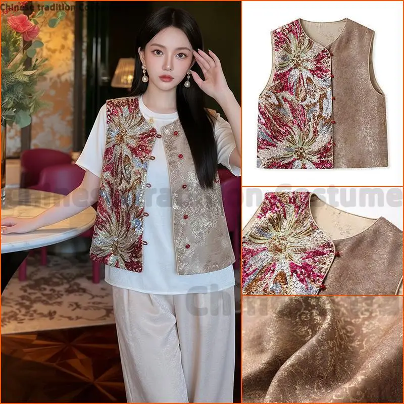 New Chinese Style Tang Clothes Sequin Embroidery Jacquard Elegant Tops Women Autumn Vintage Mandarin Jacket Ethnic Costume 