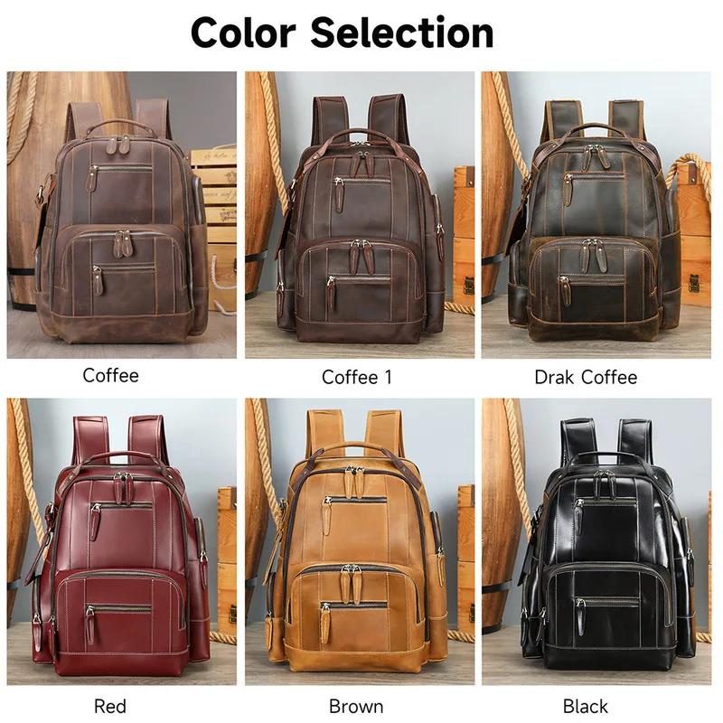 Crazy Horse Leather Men's Backpack, Large Capacity Laptop Bag, Genuine Leather Multifunctional Casual Travel Backpack, Trendy
