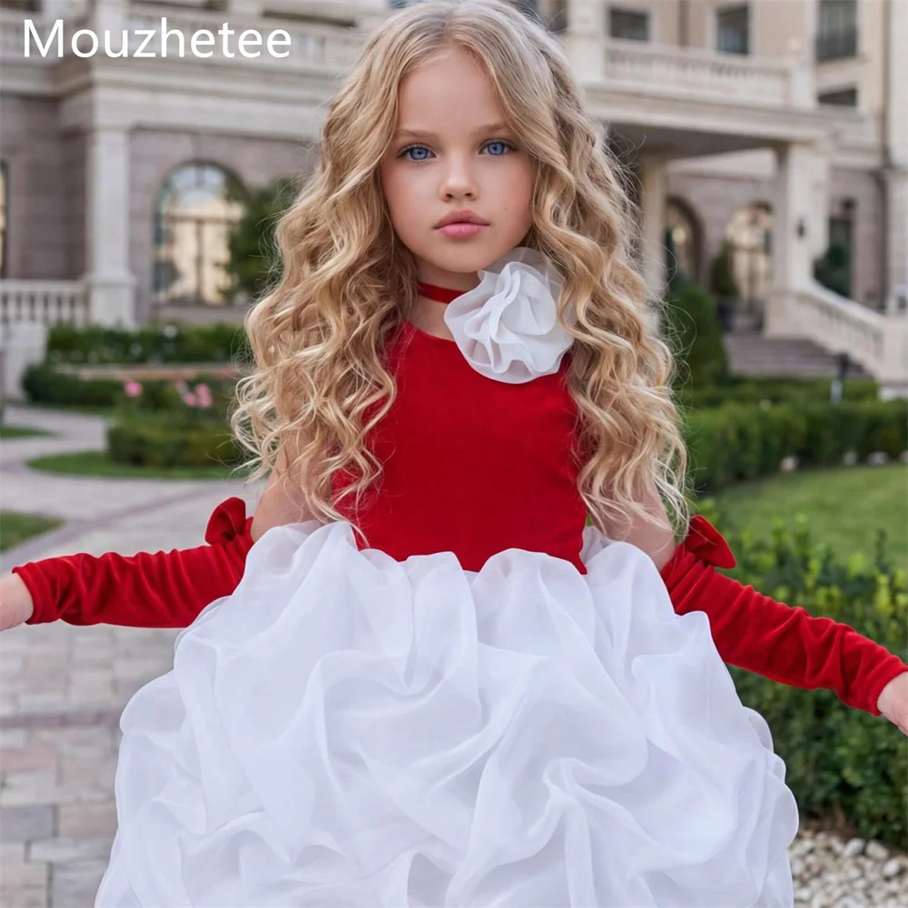 Mouzhetee A-Line O-Neck Bow Red Flowers Girl Dresses Wedding Party Dress for Kids Flowers Girls Prom Gowns Custom Made