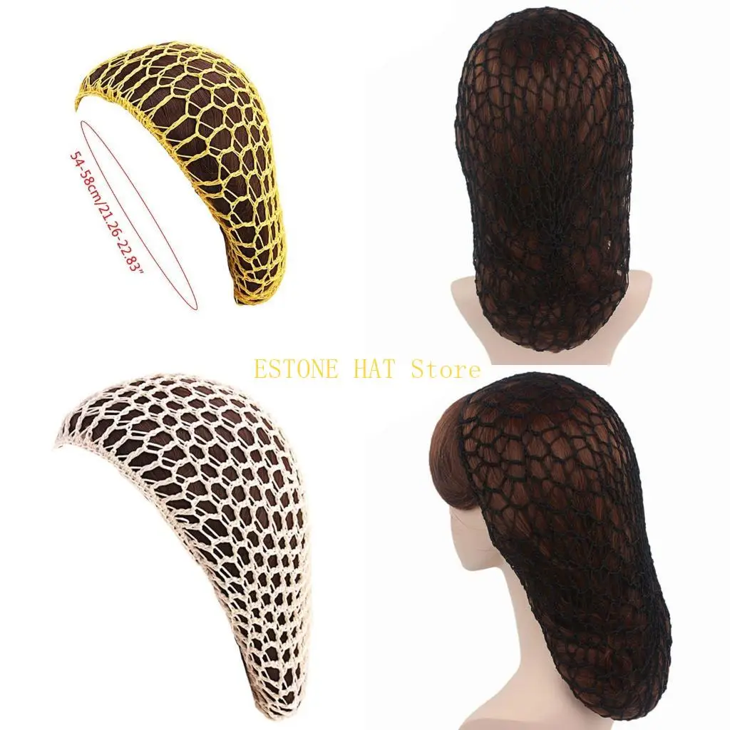 49MF 1pc Crocheted Hair Net Mesh Snood Hat Thick Colored Long Hair Cover Cap for Women Ladies Girl Night Sleeping Hairstyling
