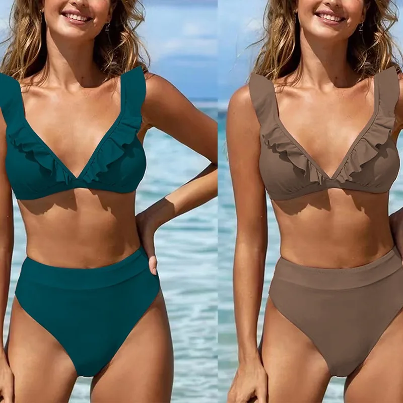 New split solid color bikini swimsuit for women's pleated multi-color swimsuit