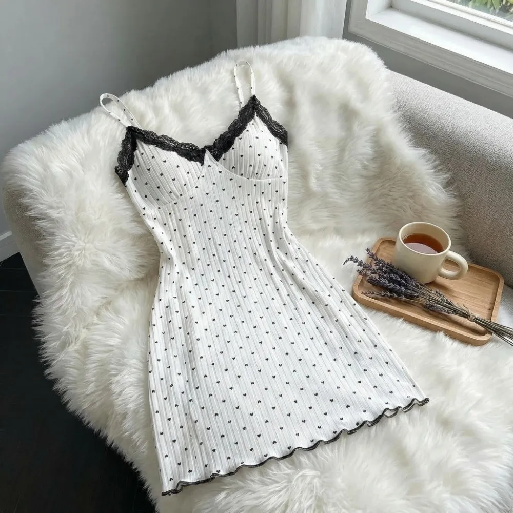 Love Heart Print Women Heart Pajama Dress Slim Fit V Neck Sleeveless Lace Trim Camisole Nightdress Soft Sleepwear
