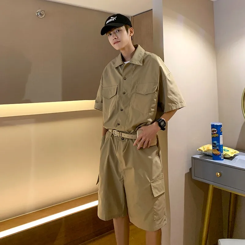 Trendy Loose Men's Workwear Shirt Set Short Sleeve Overalls Shorts Street Style Summer Casual Straight Leg Pants