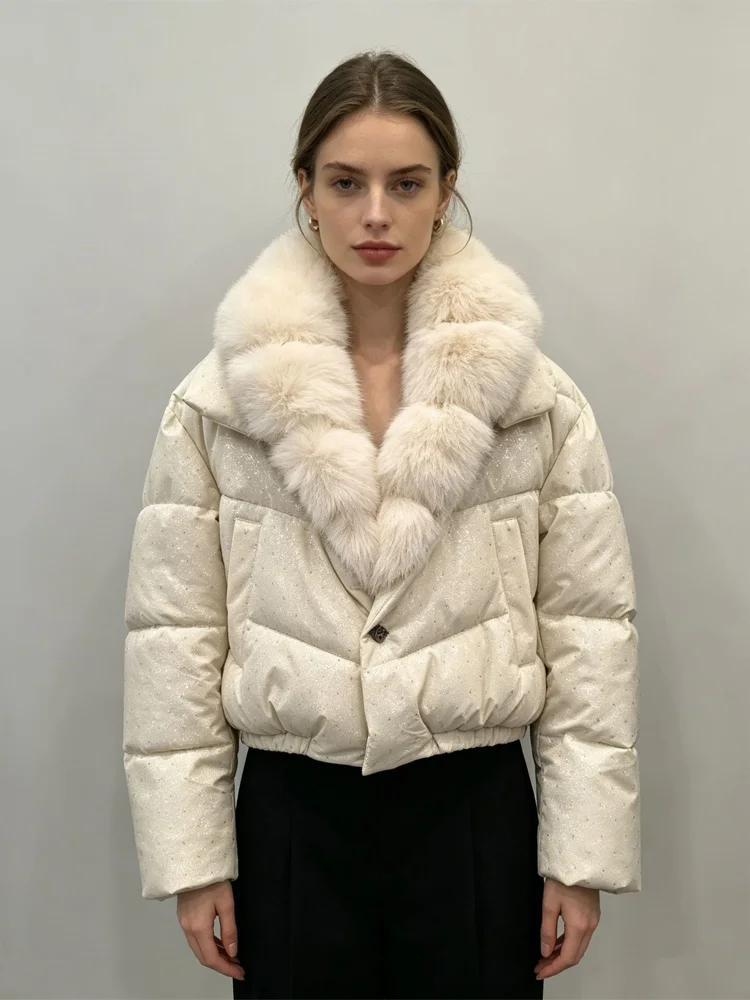 Womens Brown Polka Dot Puffer Jacket Zip Up Faux Fur Collar Elastic Hem Pockets Coat Fall Winter Daily Casual Streetwear Wear
