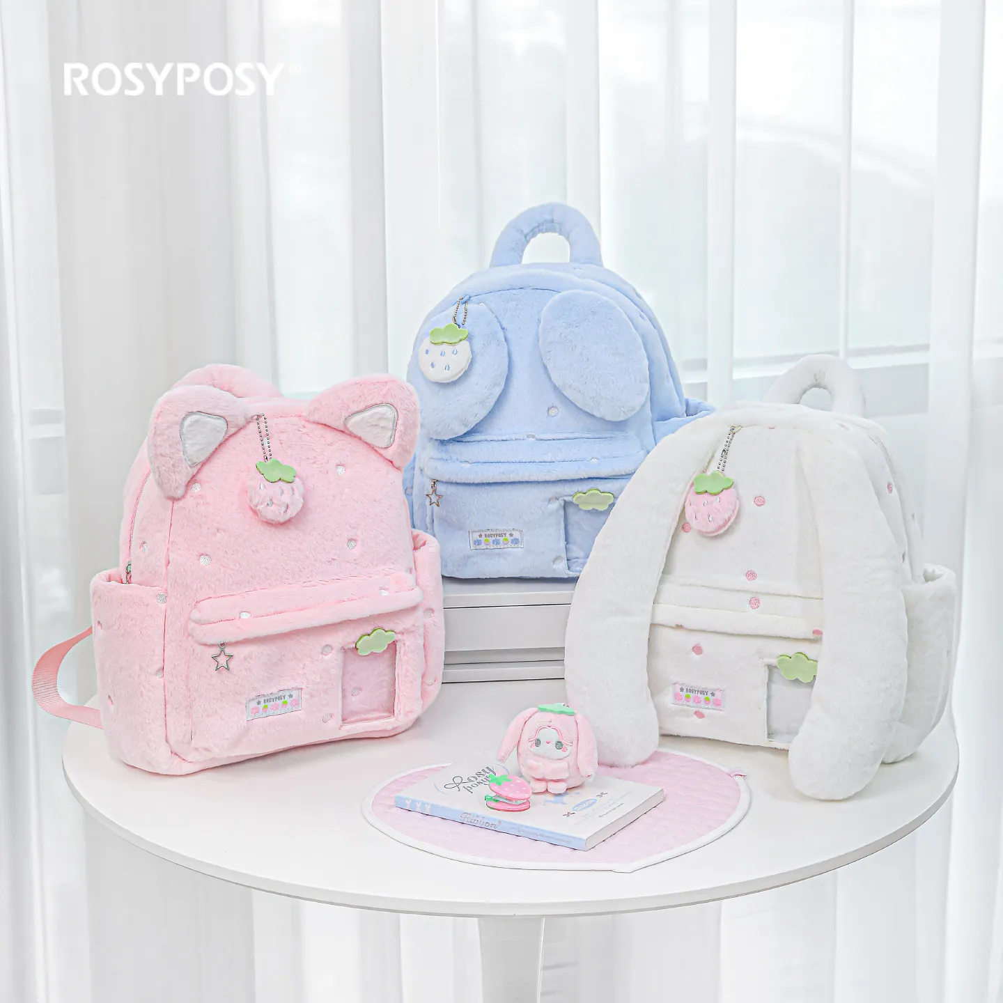 Cartoon Rabbit Ear Bag Strawberry Polka Dot Plush Backpack for Women Schoolbag Pain Soft Girl Cute Sweet Little Schoolbag Girl