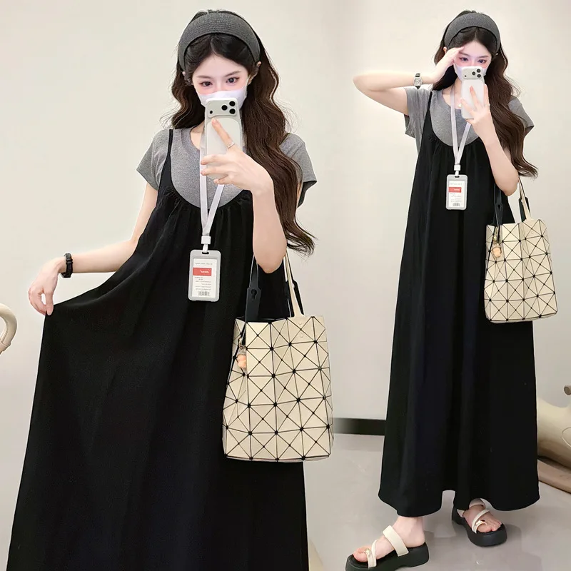 Maternity Clothes Summer 2026 Loose Soft Comfortable Black Suspender Dress and Gray T Shirt for Pregnant Women