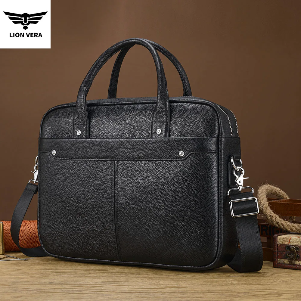LION VERA Men's Large Capacity Shoulder Bag Genuine Leather Laptop Computer Zipper Fashion Crossbody Portable Business Briefcase
