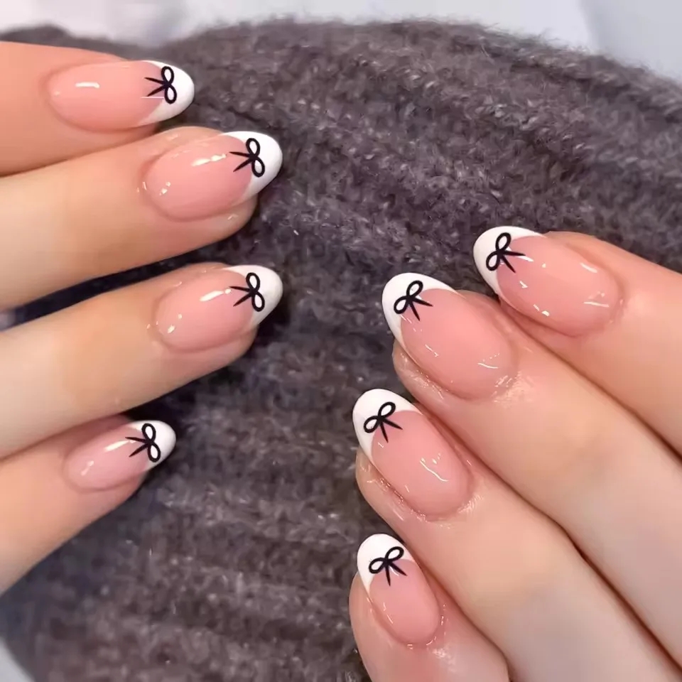 Mid-length Coffin Fake Nails 24Pcs White French Tip Ballerina Press On Nail Pink/White Flower Printed Spring/Summer DIY Manicure