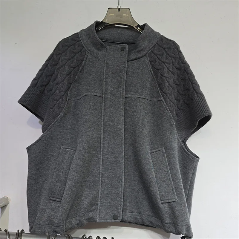 Women Short Vest Jacket 2026 Autumn Cable Knit Short Sleeve Patchwork Stand Collar Waistcoat Fashion Casual All-match Outerwear