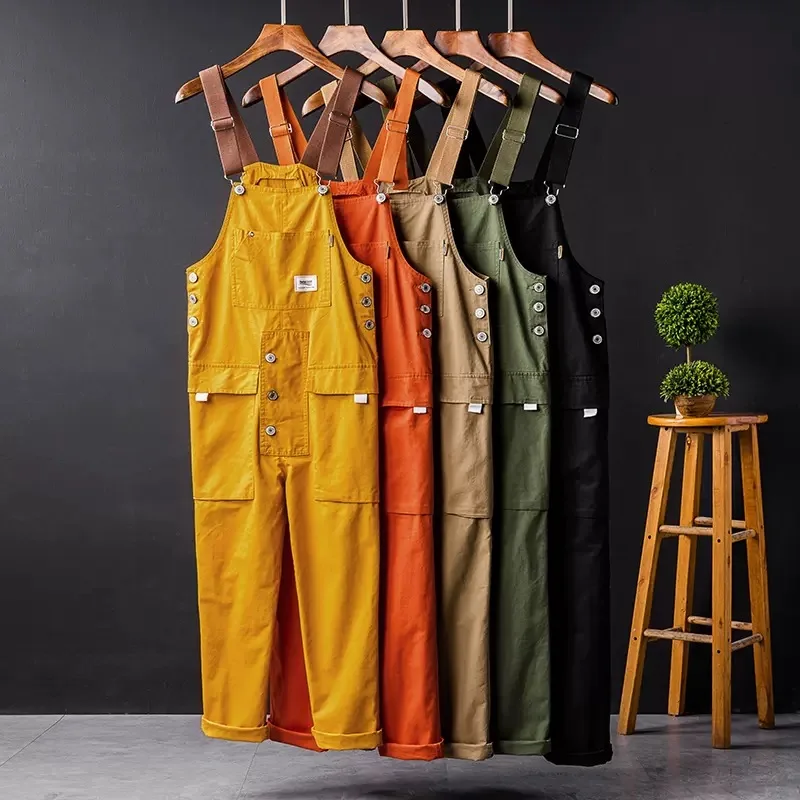 Men's Straight-Leg Work Pants Butler Overalls Jumpsuit with Multiple Pockets Couple Suspender Pants Loose Fit Work Clothes