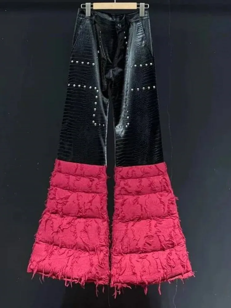 Punk Rivet Patchwork Flare Pants Mens High Waist Fringe Loose Tailored Niche Dark Street Daily Casual Bottom Layer L9K8U