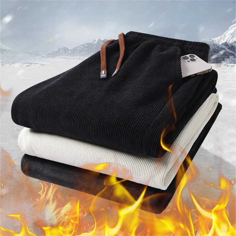 Men's Fleece-Lined Thickened Corduroy Pants Autumn Winter Men's Casual Pants Korean Fashion Thermal Pants Drawstring Trousers