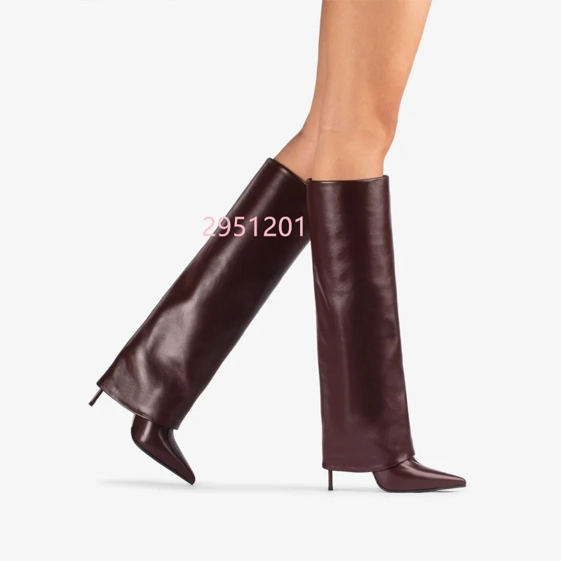 Autumn and Winter Slim High Heels Knee High Women's Boots Fashionable Pointed Toe Oversized Mid Length Boots