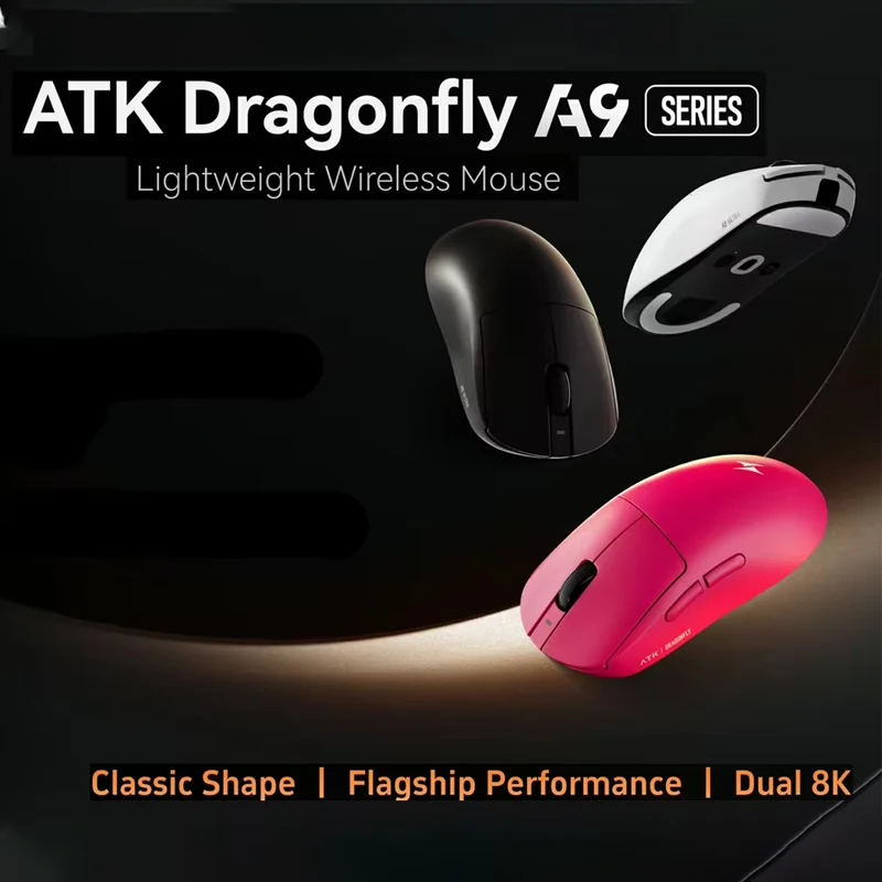 ATK Dragonfly A9 Pro Max Lightweight Tri-Model Wireless Mouse PAW3950Ultra 42000DPI 750IPS 8KHz RGB Ergonomic Gaming Mice for PC