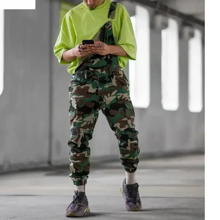 New Men's Camouflage Strap Long Pants Overalls Cross Button Man Casual Pants Jeans One Piece Jumpsuit Denim Cargo Pants Male