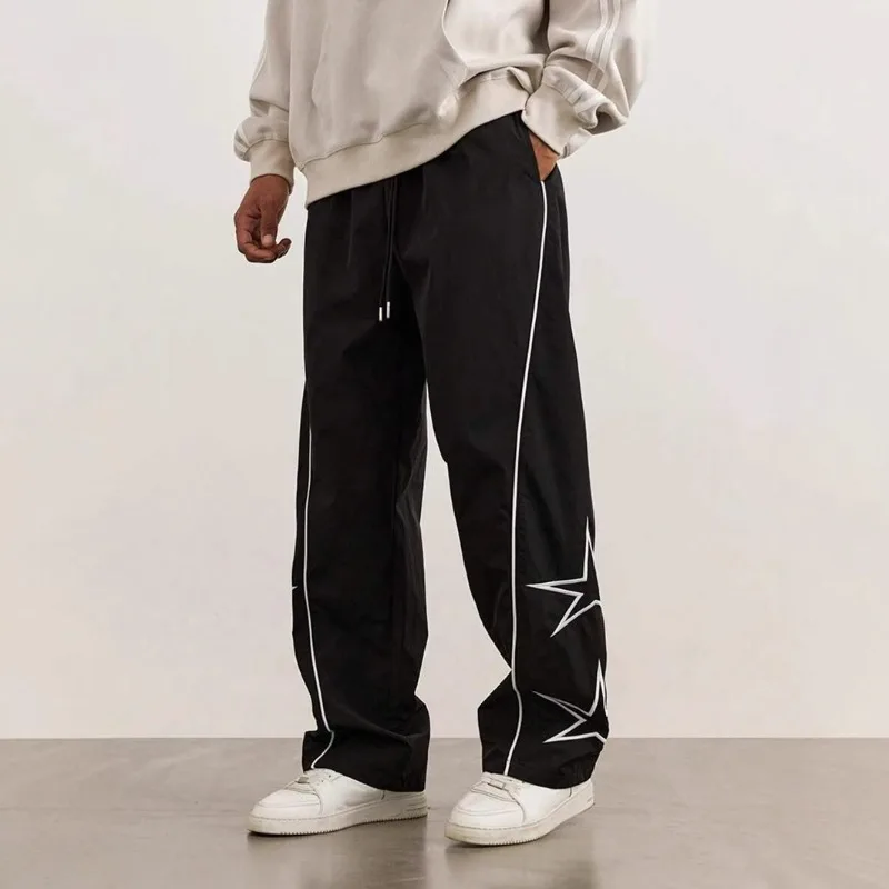 KIDWHXR Men Trousers High Street Striped Printed Casual Male Straight-leg Pant Vintage Drawstring Sport Man Full Length Pant