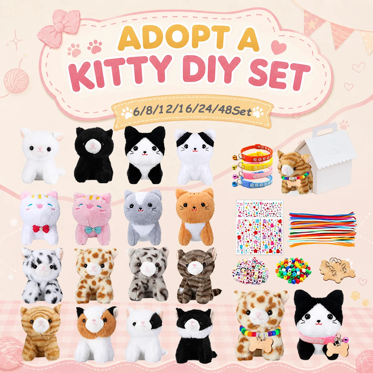 648Set DIY Plush Kitten Bulk Cat Stuffed Animals Adopt a Cat Party Favors With House Beads Necklace Bell Collar Birthday Gift