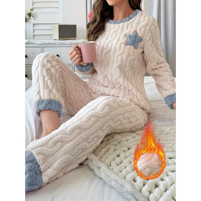Cozy Colorblock Plush Fleece Pajama Set, Thick Warm & Soft, Relaxed Fit Casual Fall Winter Home Loungewear