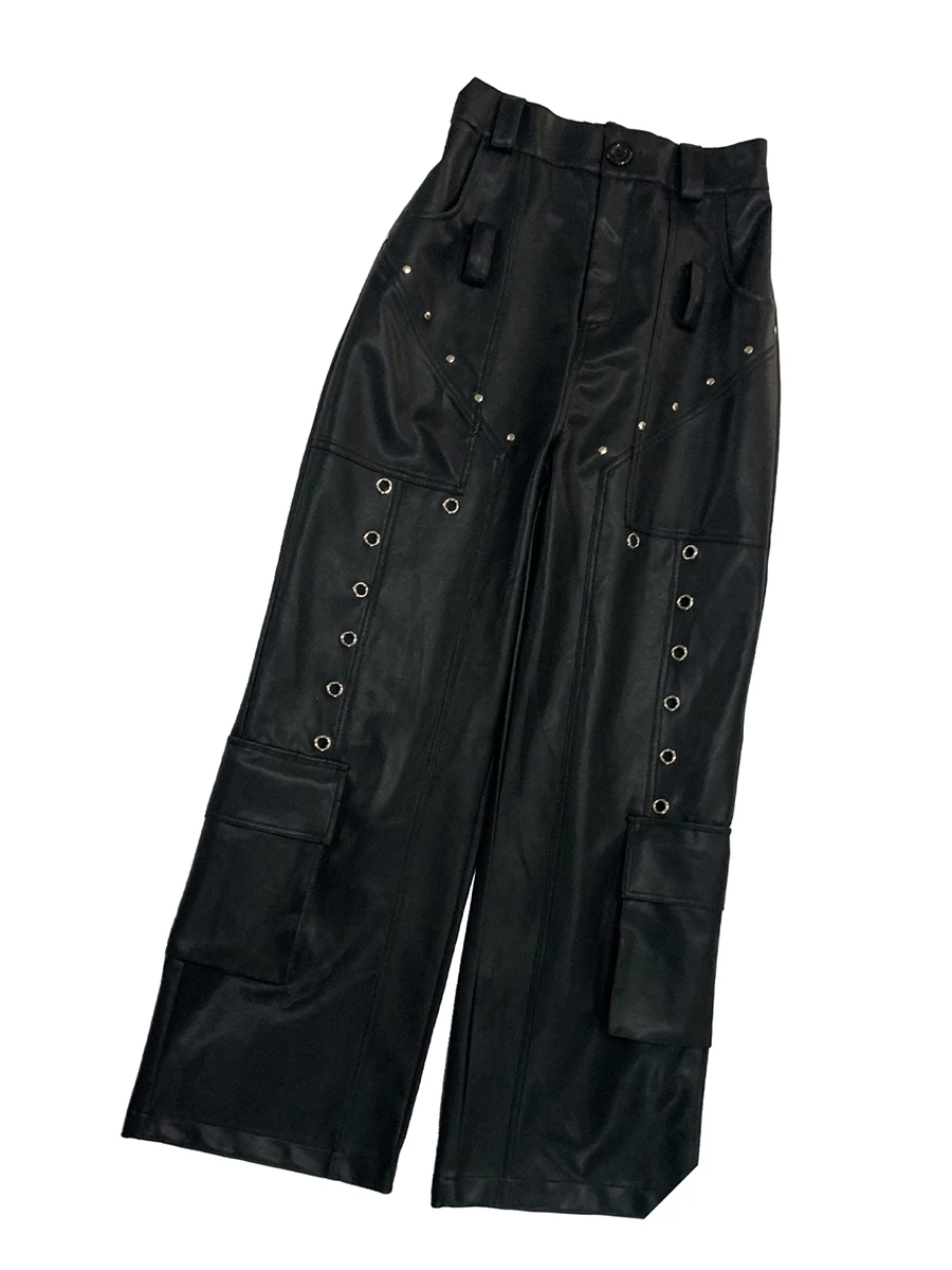 Spring Autumn Cool Black Pu Leather Wide Leg Pants Men Elastic Waist Rivet Trousers Luxury Designer Punk Style Streetwear 2024
