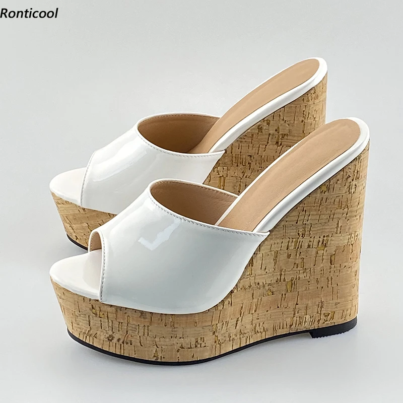 Ronticool Handmade Women Glossy Mules Sandals Sexy Wedges High Heels Open Toe 8 Colors Party Concise Shoes Slippers US Size 5-20