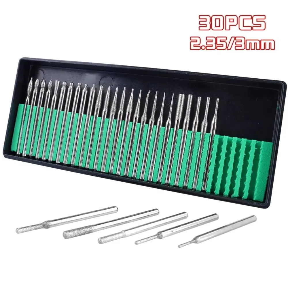 30Pcs 2.35/3mm Diamond Grinding Needles Set for Woodworking Manicure Rotary Tool with Box 30pcs  Grinding Needles Set
