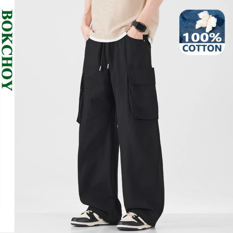 2026 Spring Summer New, 100% Cotton, Casual Cargo, Straight Pant for Men, Big Pockets, Male Trousers LX6027