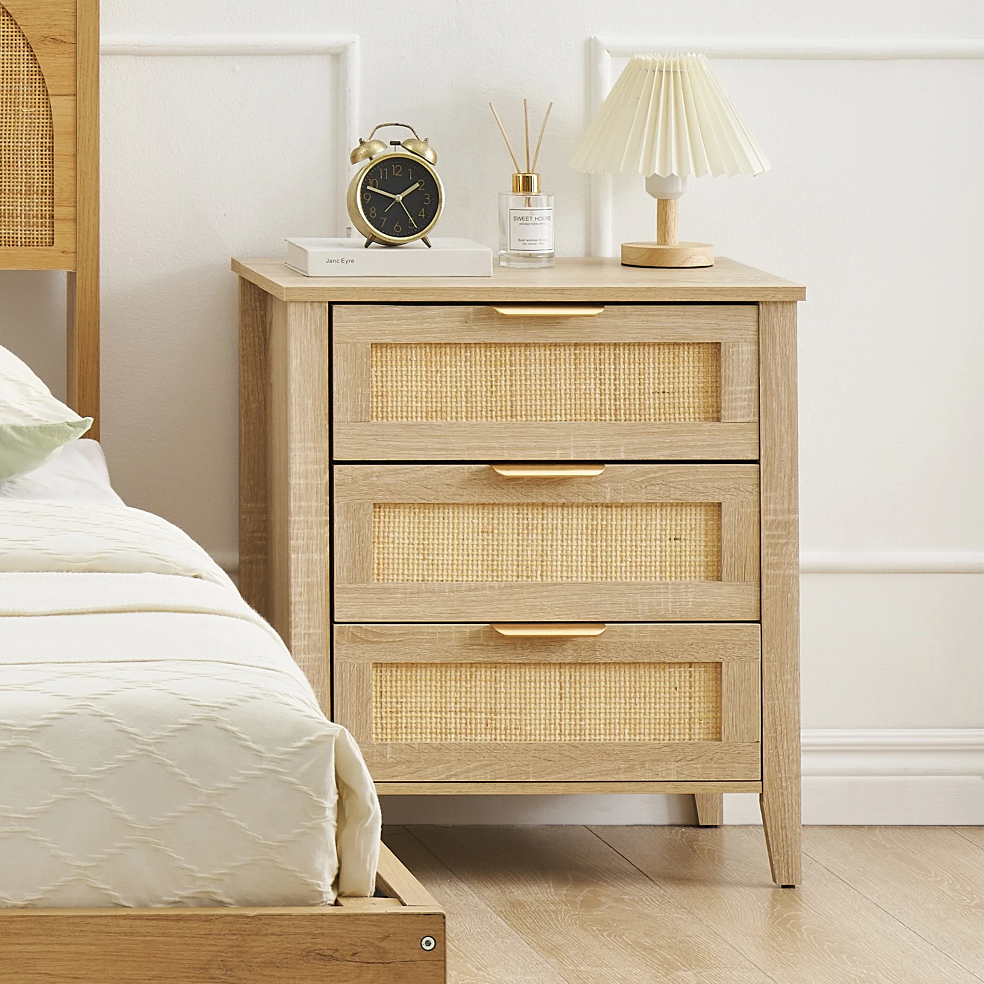 Boho Farmhouse Wooden Nightstand, 3 Drawer Bedside Table with Rattan Drawer Fronts & Wood Handles for Bedroom, Living Room