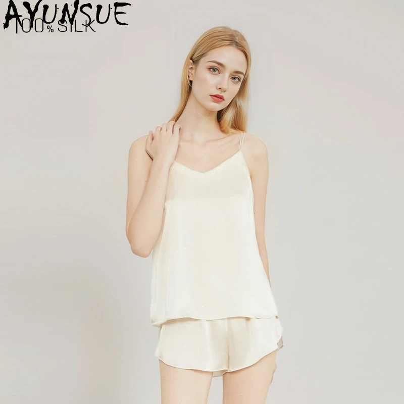AYUNSUE 16Mm 100% Mulberry Silk Sleepwear Women 2026 Summer Clothes Pajama Sets Sexy Top Casual Shorts Two-piece Sets 