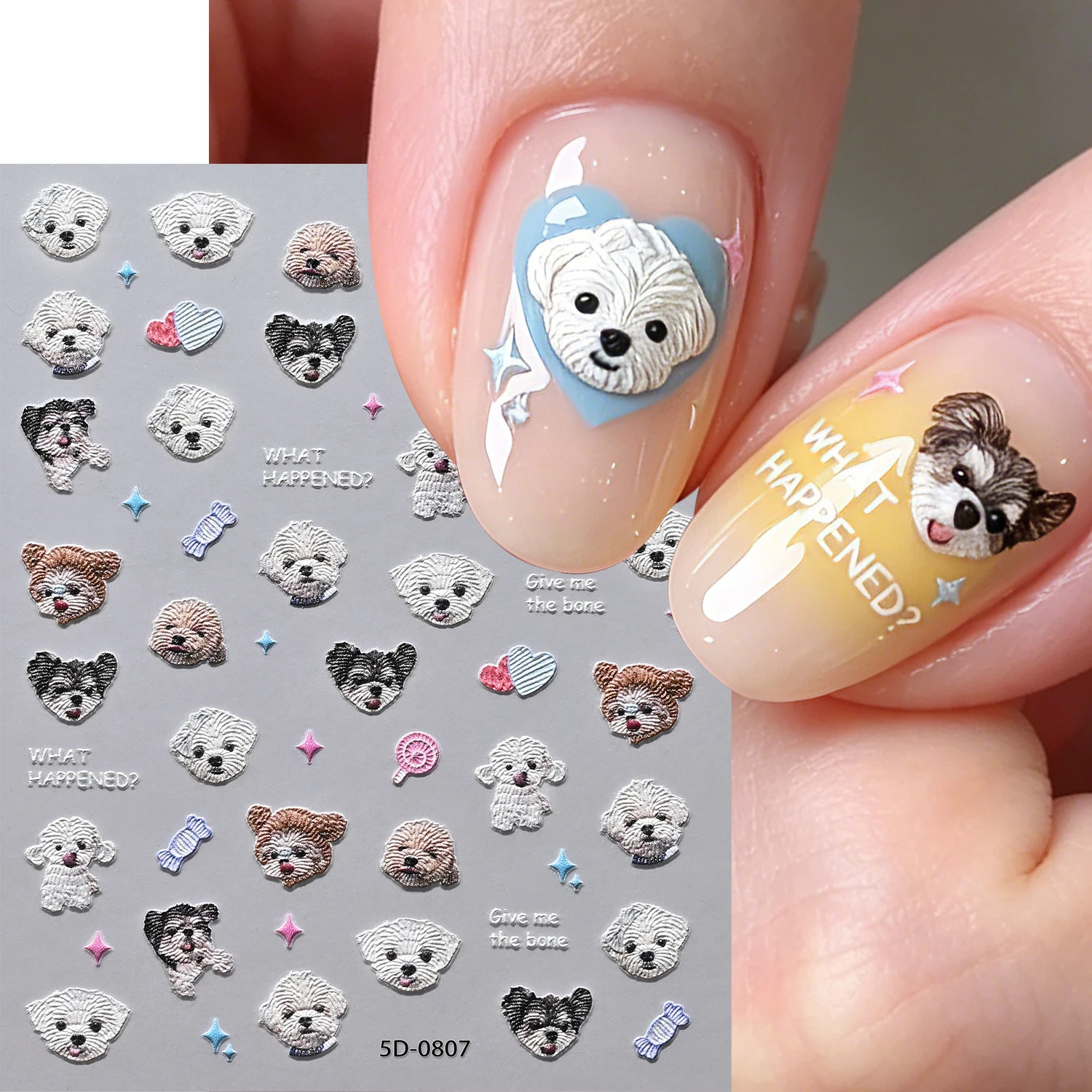 1pcs 5D Embossed Cute Puppy Nail Stickers Kawaii Dog Nail Art Decals Cartoon Pet Pattern Nail Decor for Salon & Home Nail Design