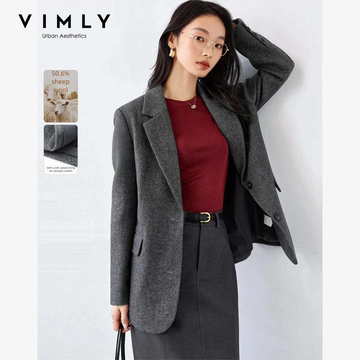 VIMLY Dark Gray Wool Blend Blazer 2026 Autumn Winter New Fashion Office Lady Elegant Coat Casual Loose-fit Female Jackets M9353