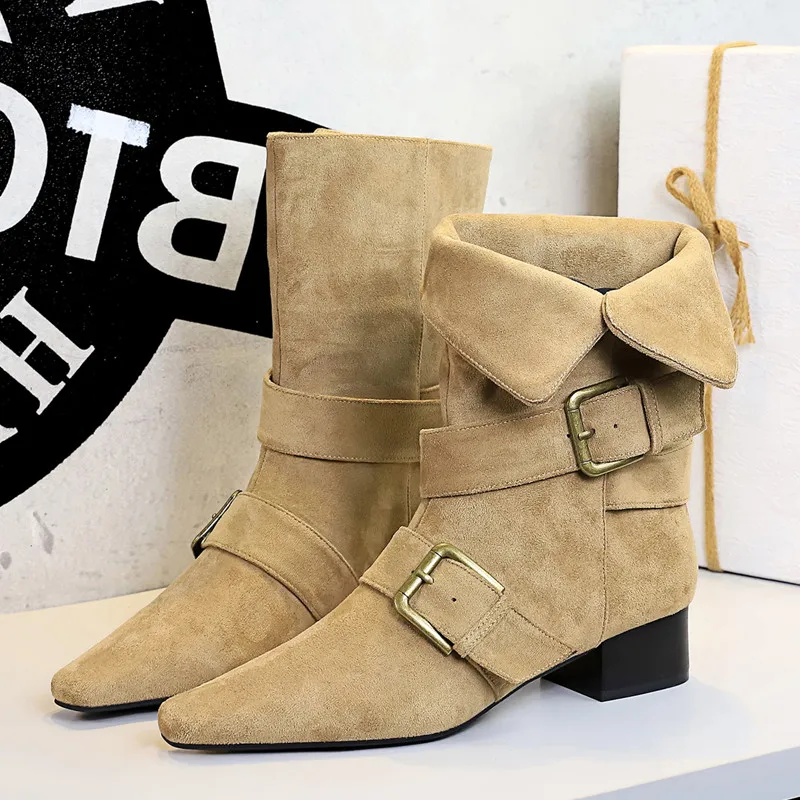 Autumn Winter Vintage Strap Buckle Faux Suede Women Ankle Boots Fashion Square toe Low Heeled Modern Chelsea Short Boots Shoes