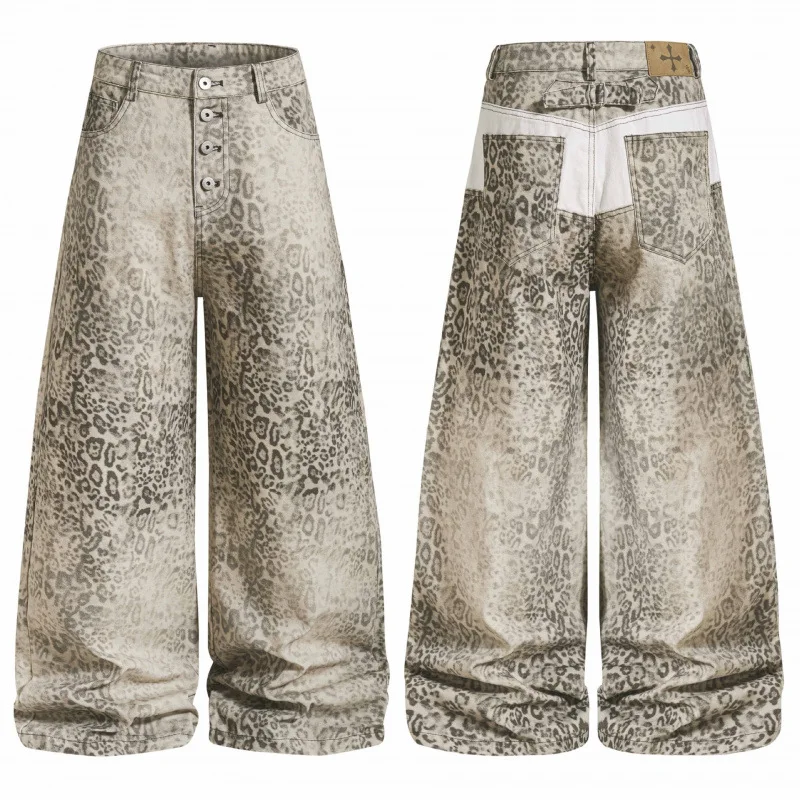 Leopard Vintage Washed Print Wide Leg Trousers For Men High Waist Multi Button Contrast Patch Pocket Cargo Pants MYSF