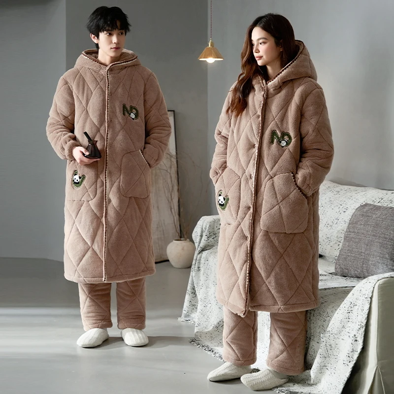 Winter 3 Layer Clip Cotton Robe+Pant Couple Pajamas Sets Hooded Women Home Clothing Thick Warm Casual Soft Men Sleepwear