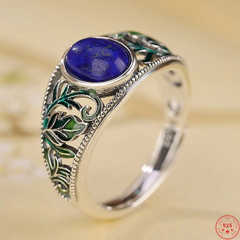 Genuine S925 Sterling Silver Rings for Women New Fashion Lapis Lazuli Hollowed Out Enamel Flowers Leaves Adjustable Ring Jewelry