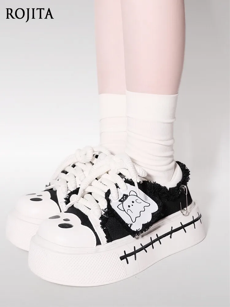Kawaii Platform Sneakers Women Black White Frayed Edge Safety Pin Decor Cute Paw Print Gothic Lolita Thick Sole Shoes