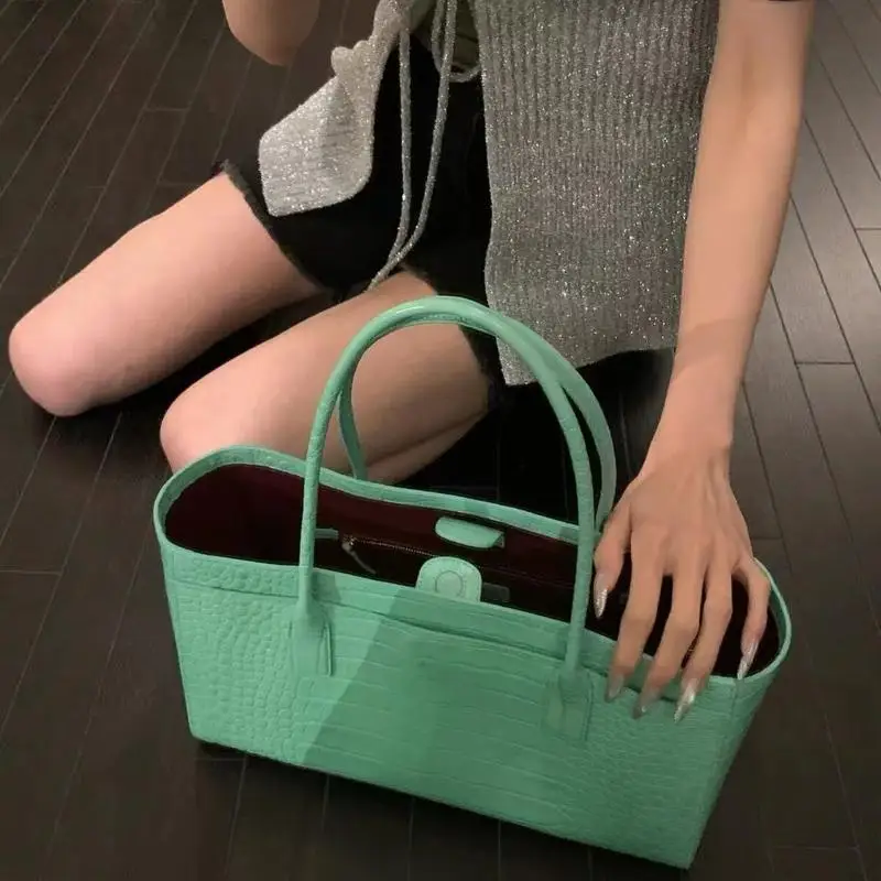 Luxury Crocodile Print Leather Bag, Vintage Green Large Capacity Handbag, Magnetic Buckle Clutch Casual Elegant Commuter Purse