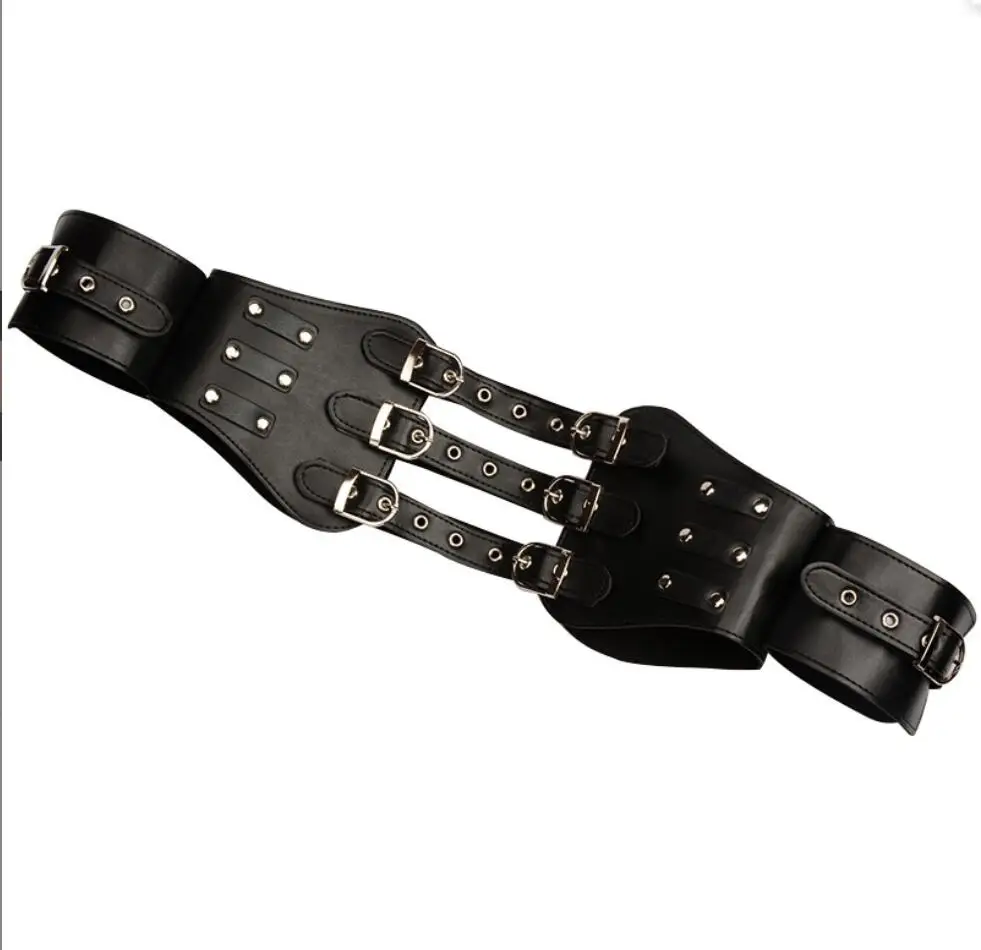 Leather Wrist Leg Thigh Cuffs Handcuffs Set Fantasy BDSM Restraint  Locking Hands to Thighs Body Harness Straps S3156